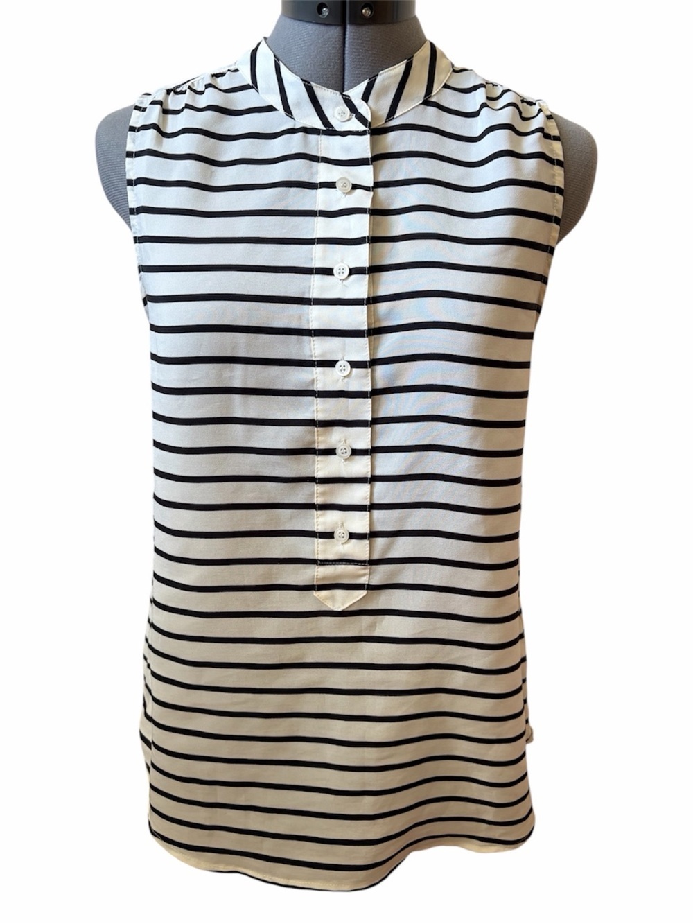 J.Crew Striped Sleeveless Blouse Mock Neck Button Office Business Casual Top